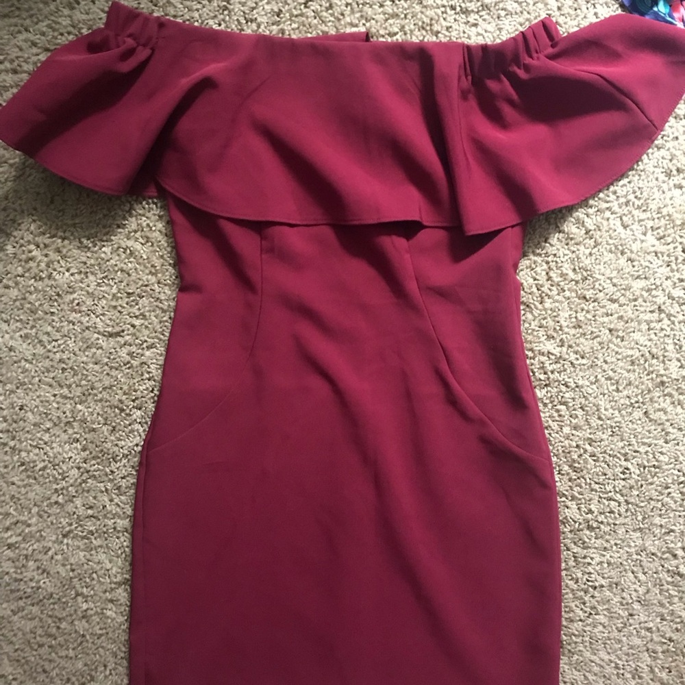 maroon off the shoulder mini dress